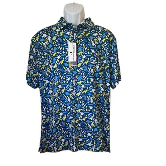 Grand Slam Other - NWT GRAND SLAM Men's Golf Polo Shirt Blue Green Leaf Print Large GSKSF020BC